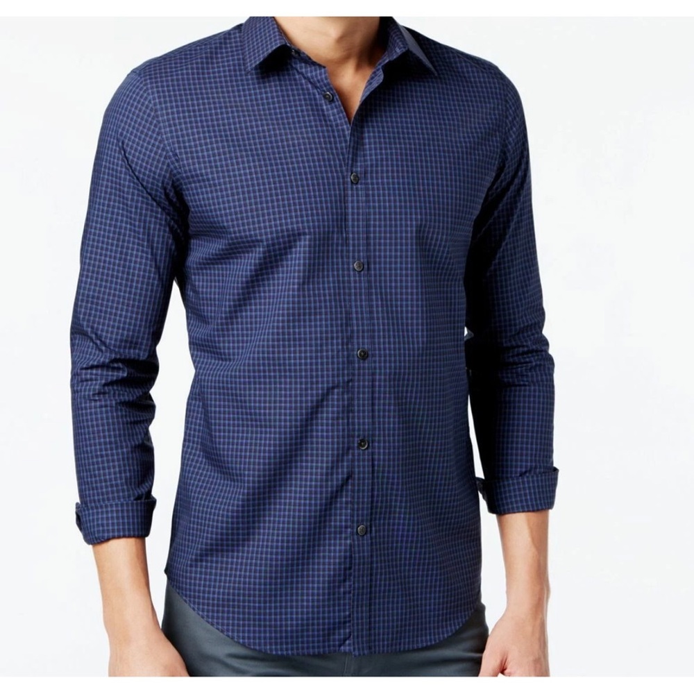 Calvin Klein men's slim-fit button-down shirt dark blue and black gingham check